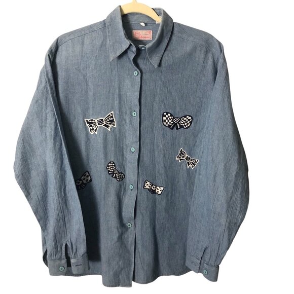 Vintage Comme Adrienne Paris Embroidered Bows Denim Shirt - Coastal Grandma - Picture 1 of 7